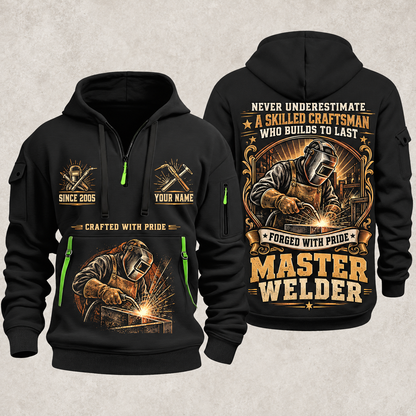 Welder Master Craftsman Wings quarter-zip hoodie in Black, front and back, YOUR NAME and SINCE 2005 artwork