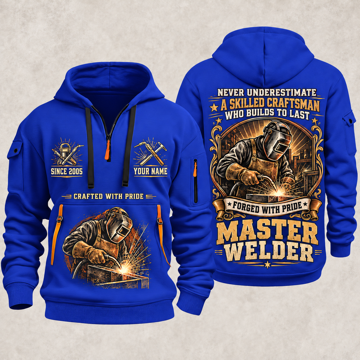 Welder Master Craftsman Wings quarter-zip hoodie in Blue, front and back, YOUR NAME and SINCE 2005 artwork