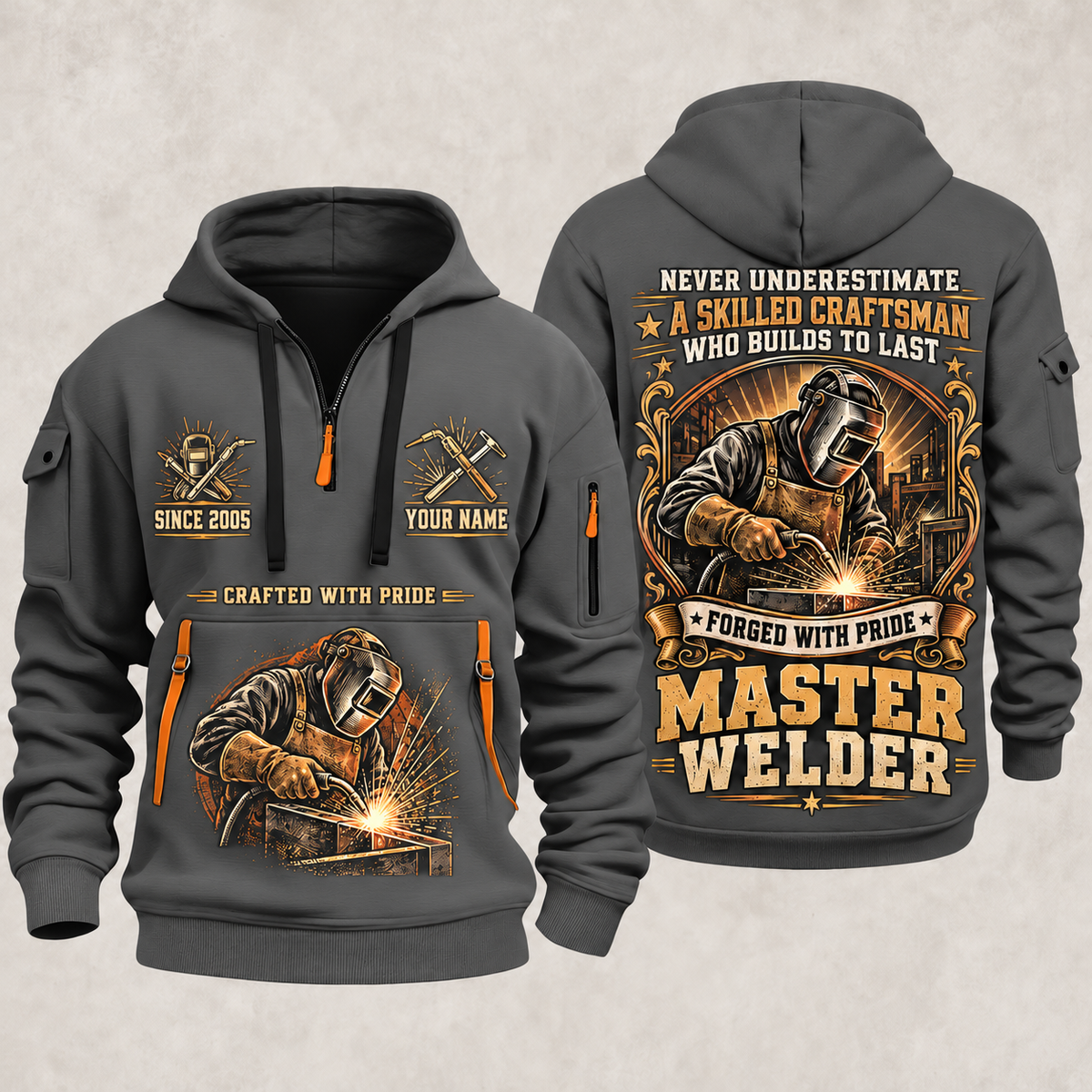 Welder Master Craftsman Wings quarter-zip hoodie in Gray, front and back, YOUR NAME and SINCE 2005 artwork