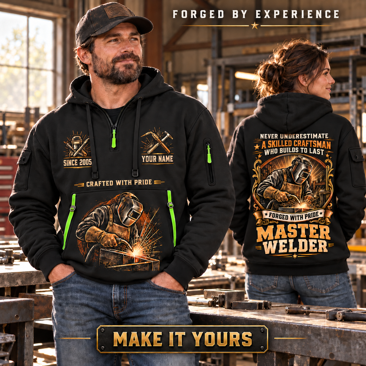 Welder wearing Master Craftsman Wings quarter-zip hoodie in their workplace; product introduction and shopping call to action