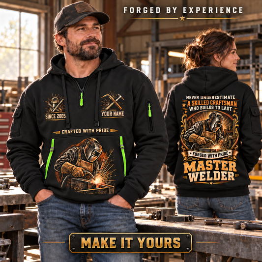 Welder wearing Master Craftsman Wings quarter-zip hoodie in their workplace; product introduction and shopping call to action