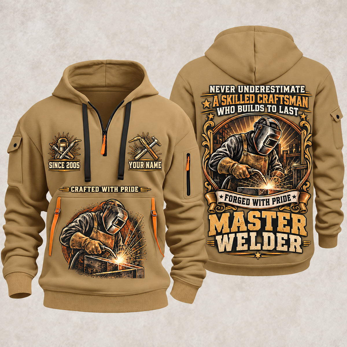 Welder Master Craftsman Wings quarter-zip hoodie in Khaki, front and back, YOUR NAME and SINCE 2005 artwork
