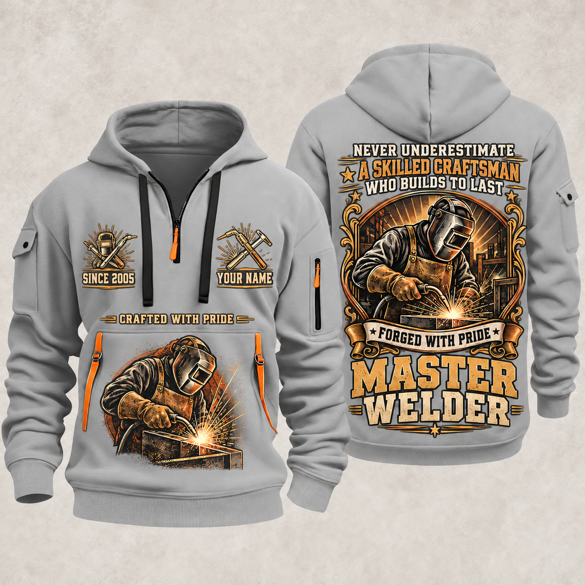Welder Master Craftsman Wings quarter-zip hoodie in Light Grey, front and back, YOUR NAME and SINCE 2005 artwork