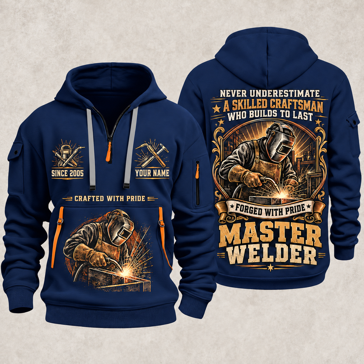 Welder Master Craftsman Wings quarter-zip hoodie in Navy, front and back, YOUR NAME and SINCE 2005 artwork