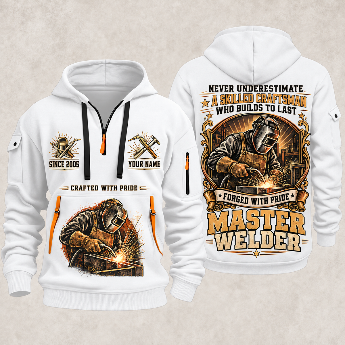 Welder Master Craftsman Wings quarter-zip hoodie in White, front and back, YOUR NAME and SINCE 2005 artwork