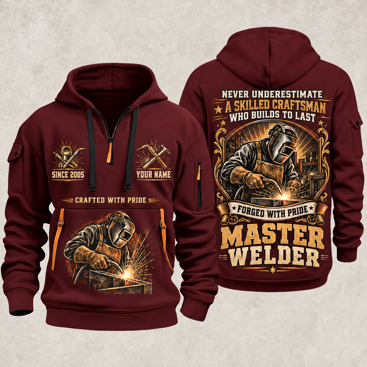 Welder Master Craftsman Wings quarter-zip hoodie in Wine Red, front and back, YOUR NAME and SINCE 2005 artwork