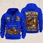 Welder Skills Remain quarter-zip hoodie in Blue, front and back, YOUR NAME and SINCE 2005 artwork