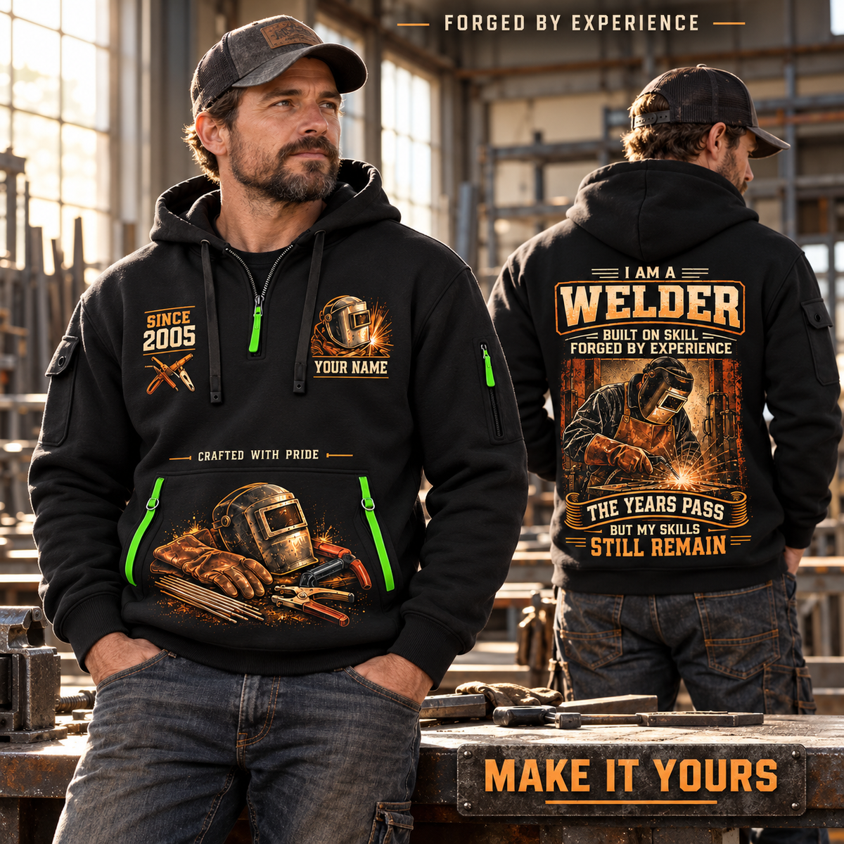 Welder wearing Skills Remain quarter-zip hoodie in their workplace; product introduction and shopping call to action