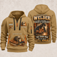 Welder Skills Remain quarter-zip hoodie in Khaki, front and back, YOUR NAME and SINCE 2005 artwork