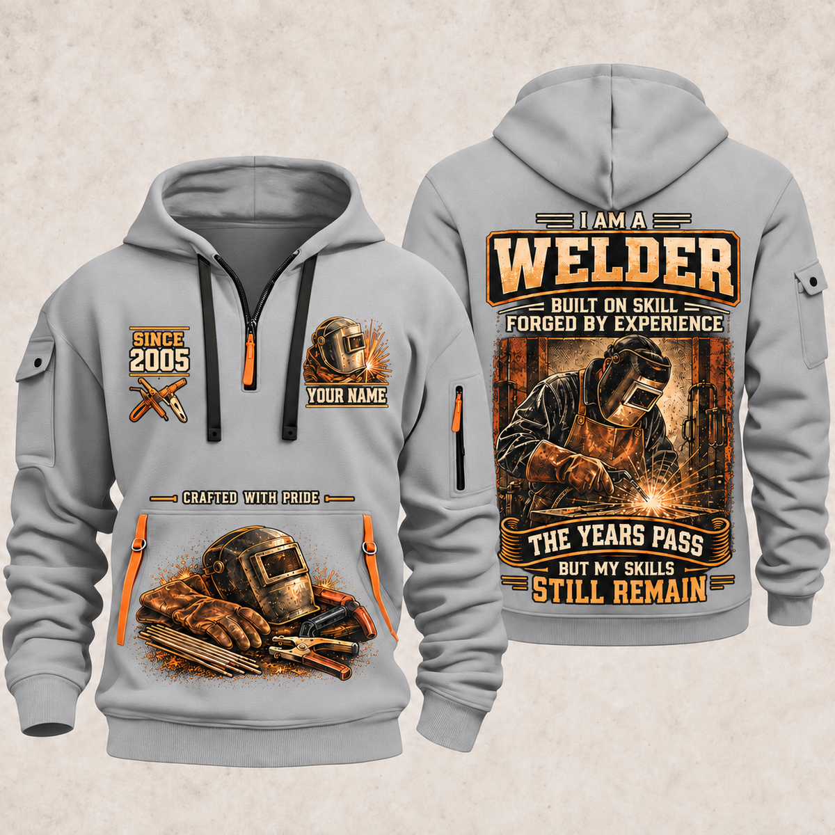 Welder Skills Remain quarter-zip hoodie in Light Grey, front and back, YOUR NAME and SINCE 2005 artwork