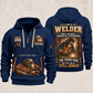 Welder Skills Remain quarter-zip hoodie in Navy, front and back, YOUR NAME and SINCE 2005 artwork