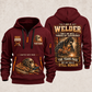 Welder Skills Remain quarter-zip hoodie in Wine Red, front and back, YOUR NAME and SINCE 2005 artwork