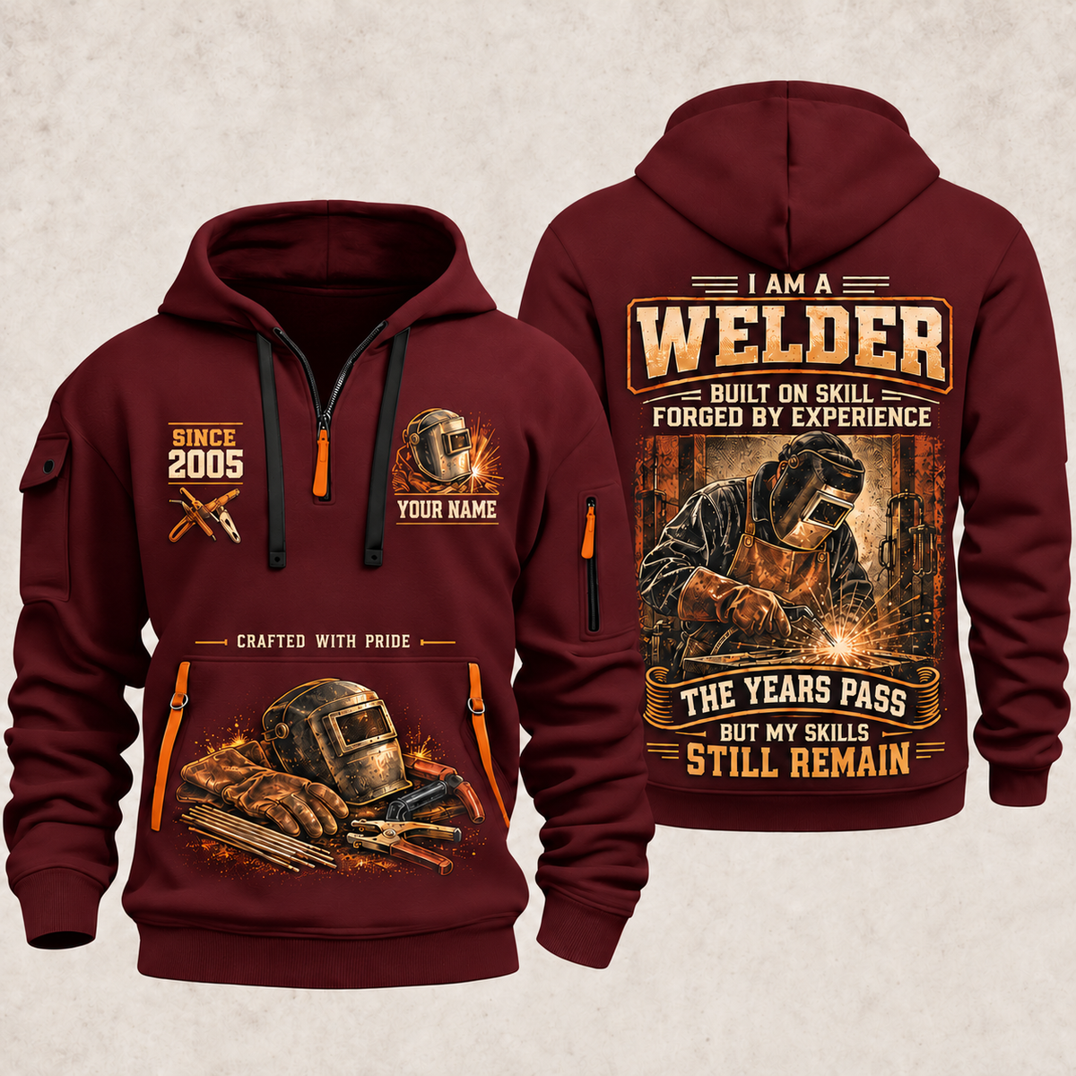 Welder Skills Remain quarter-zip hoodie in Wine Red, front and back, YOUR NAME and SINCE 2005 artwork