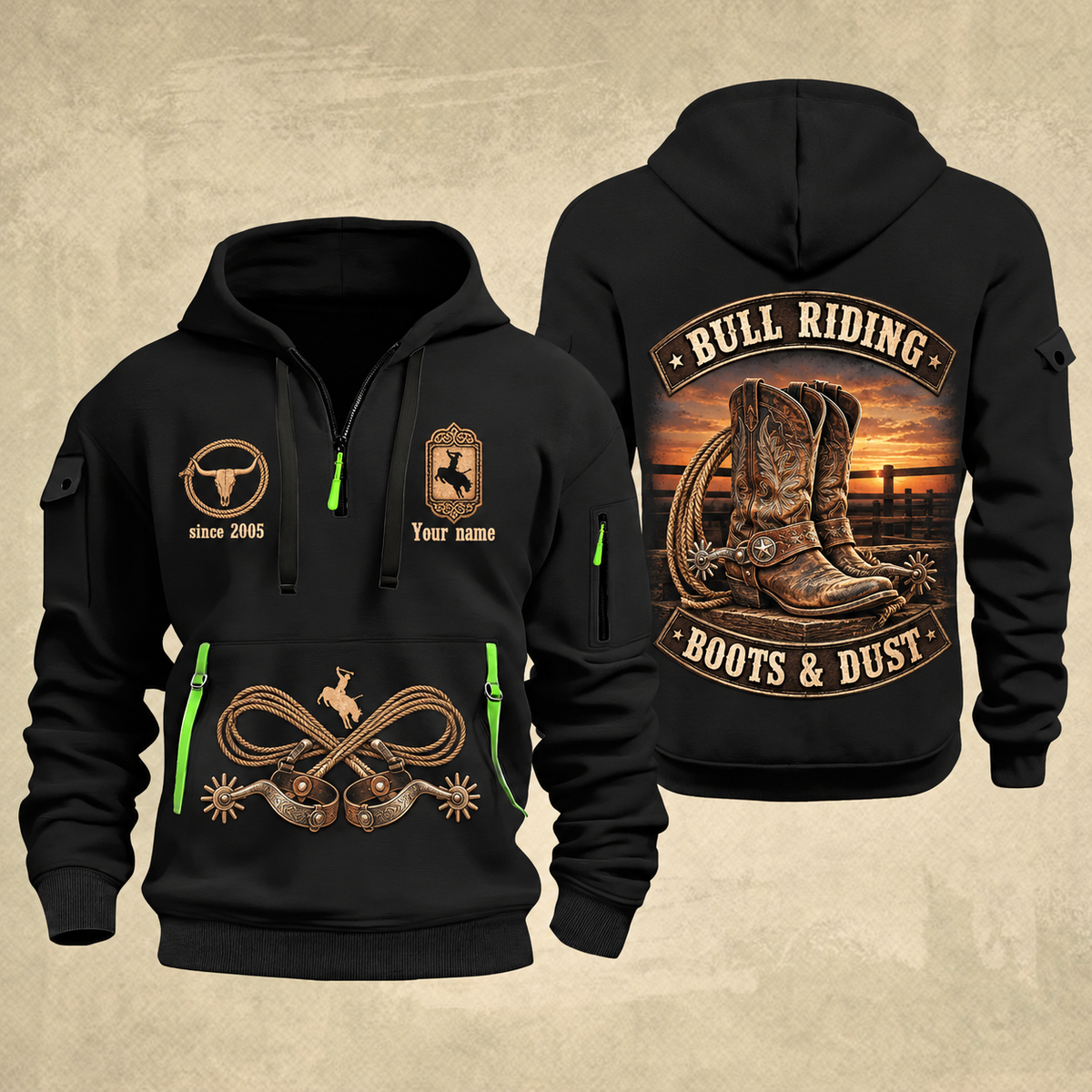 Bull Riding Bull Riding Boots & Dust Quarter-Zip Hoodie with Name and Year - BR17349984 quarter-zip hoodie in Black, front and back, Your name and since 2005 artwork