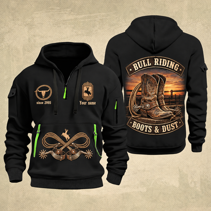 Bull Riding Bull Riding Boots & Dust Quarter-Zip Hoodie with Name and Year - BR17349984 quarter-zip hoodie in Black, front and back, Your name and since 2005 artwork