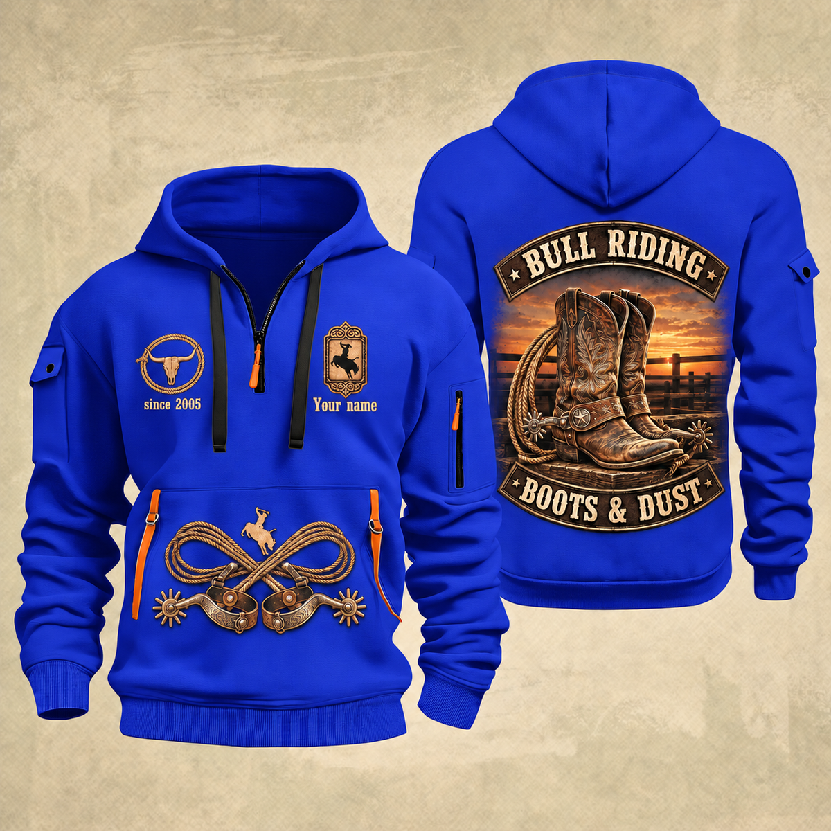 Bull Riding Bull Riding Boots & Dust Quarter-Zip Hoodie with Name and Year - BR17349984 quarter-zip hoodie in Blue, front and back, Your name and since 2005 artwork