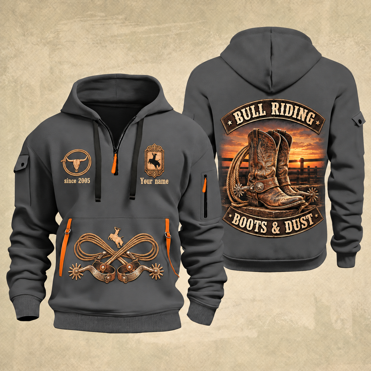 Bull Riding Bull Riding Boots & Dust Quarter-Zip Hoodie with Name and Year - BR17349984 quarter-zip hoodie in Gray, front and back, Your name and since 2005 artwork