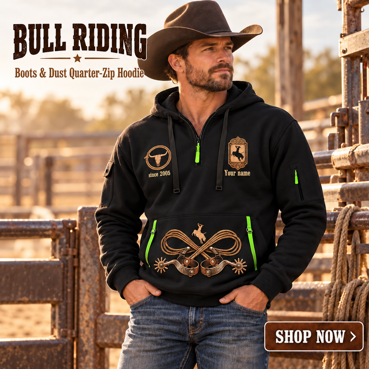 Bull Riding wearing Bull Riding Boots & Dust Quarter-Zip Hoodie with Name and Year - BR17349984 quarter-zip hoodie in their workplace; product introduction and shopping call to action