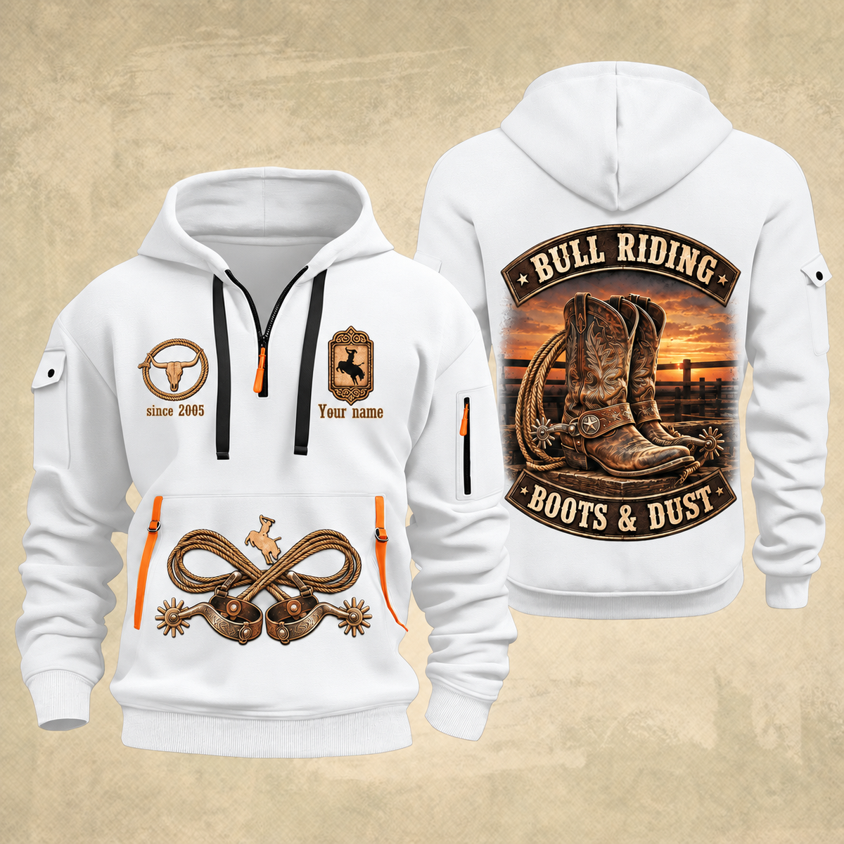Bull Riding Bull Riding Boots & Dust Quarter-Zip Hoodie with Name and Year - BR17349984 quarter-zip hoodie in White, front and back, Your name and since 2005 artwork