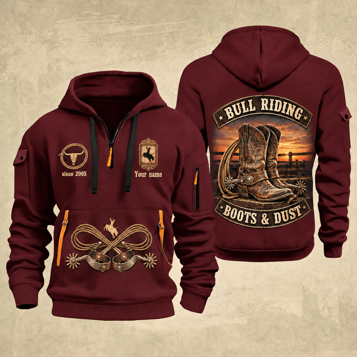Bull Riding Bull Riding Boots & Dust Quarter-Zip Hoodie with Name and Year - BR17349984 quarter-zip hoodie in Wine Red, front and back, Your name and since 2005 artwork