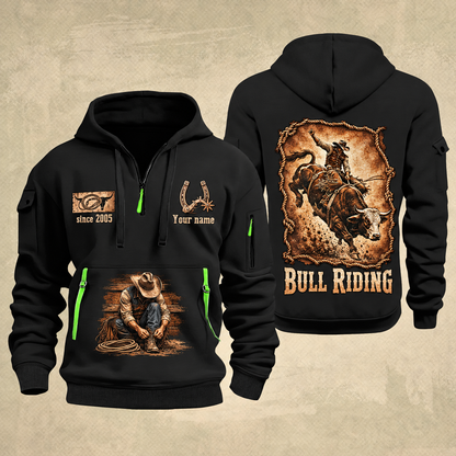 Bull Riding Bull Riding Rodeo Heritage Quarter-Zip Hoodie with Name and Year - BR17350848 quarter-zip hoodie in Black, front and back, Your name and since 2005 artwork