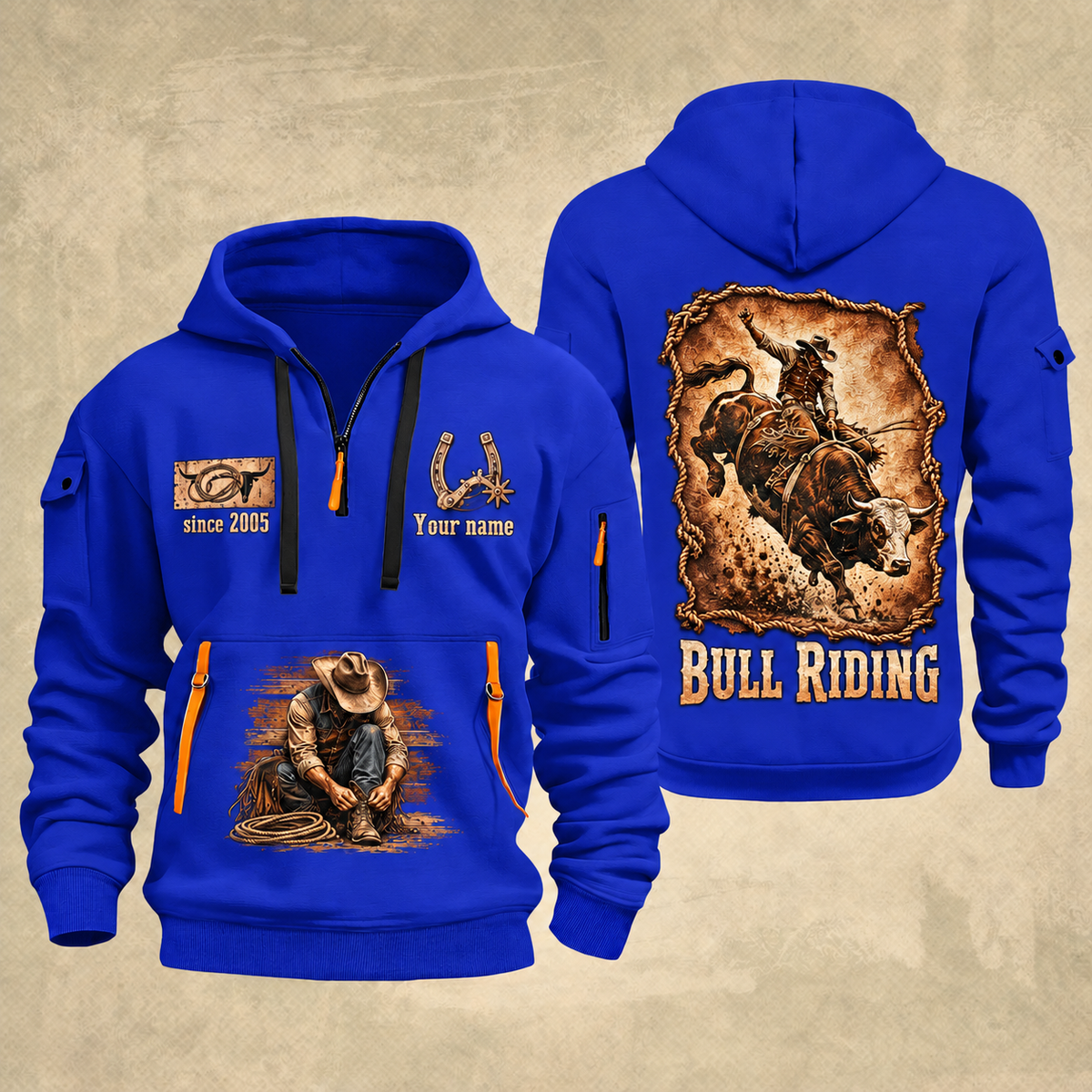 Bull Riding Bull Riding Rodeo Heritage Quarter-Zip Hoodie with Name and Year - BR17350848 quarter-zip hoodie in Blue, front and back, Your name and since 2005 artwork