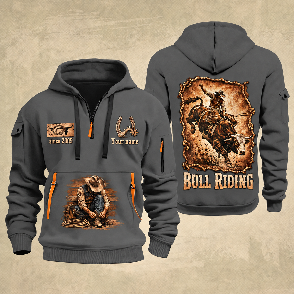 Bull Riding Bull Riding Rodeo Heritage Quarter-Zip Hoodie with Name and Year - BR17350848 quarter-zip hoodie in Gray, front and back, Your name and since 2005 artwork