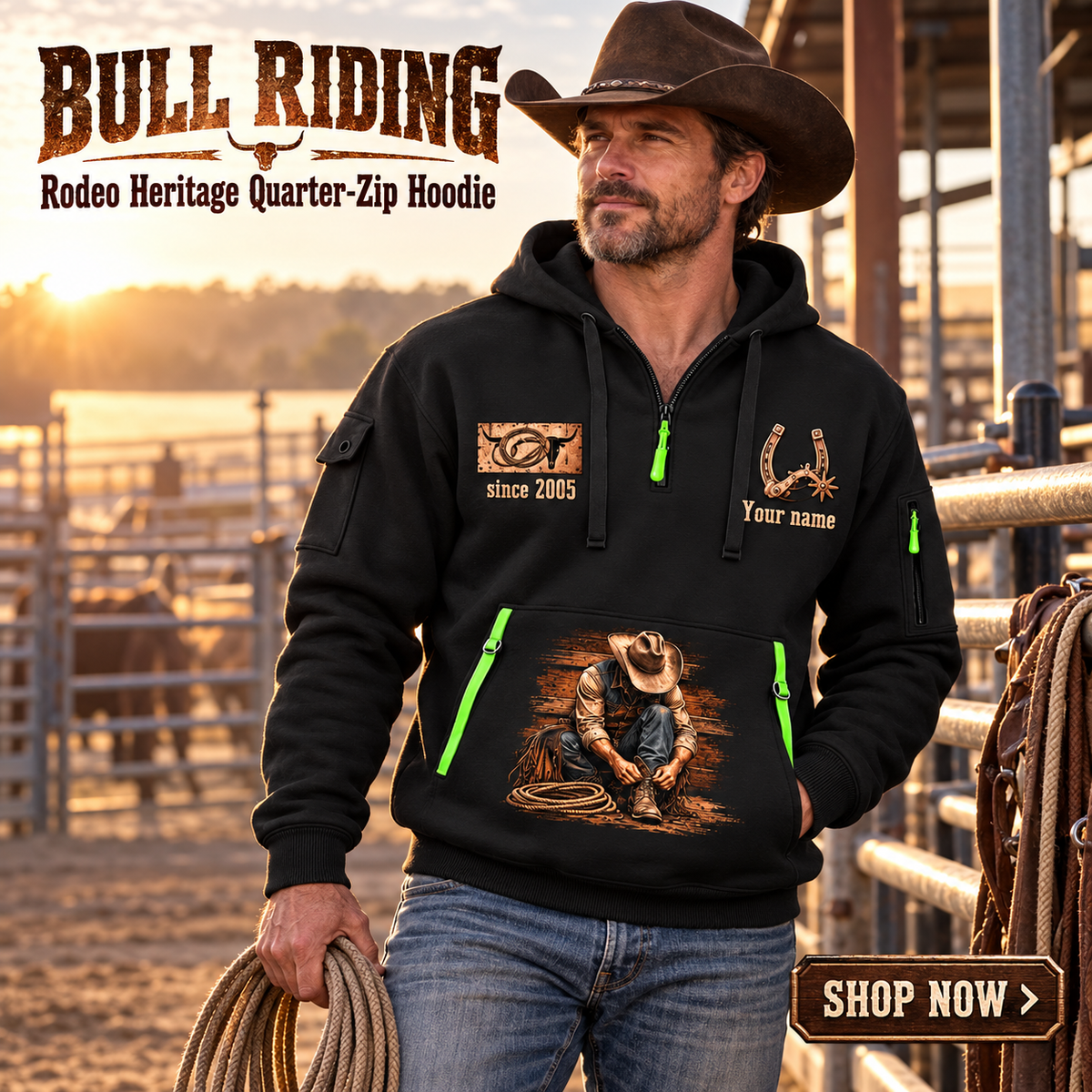 Bull Riding wearing Bull Riding Rodeo Heritage Quarter-Zip Hoodie with Name and Year - BR17350848 quarter-zip hoodie in their workplace; product introduction and shopping call to action