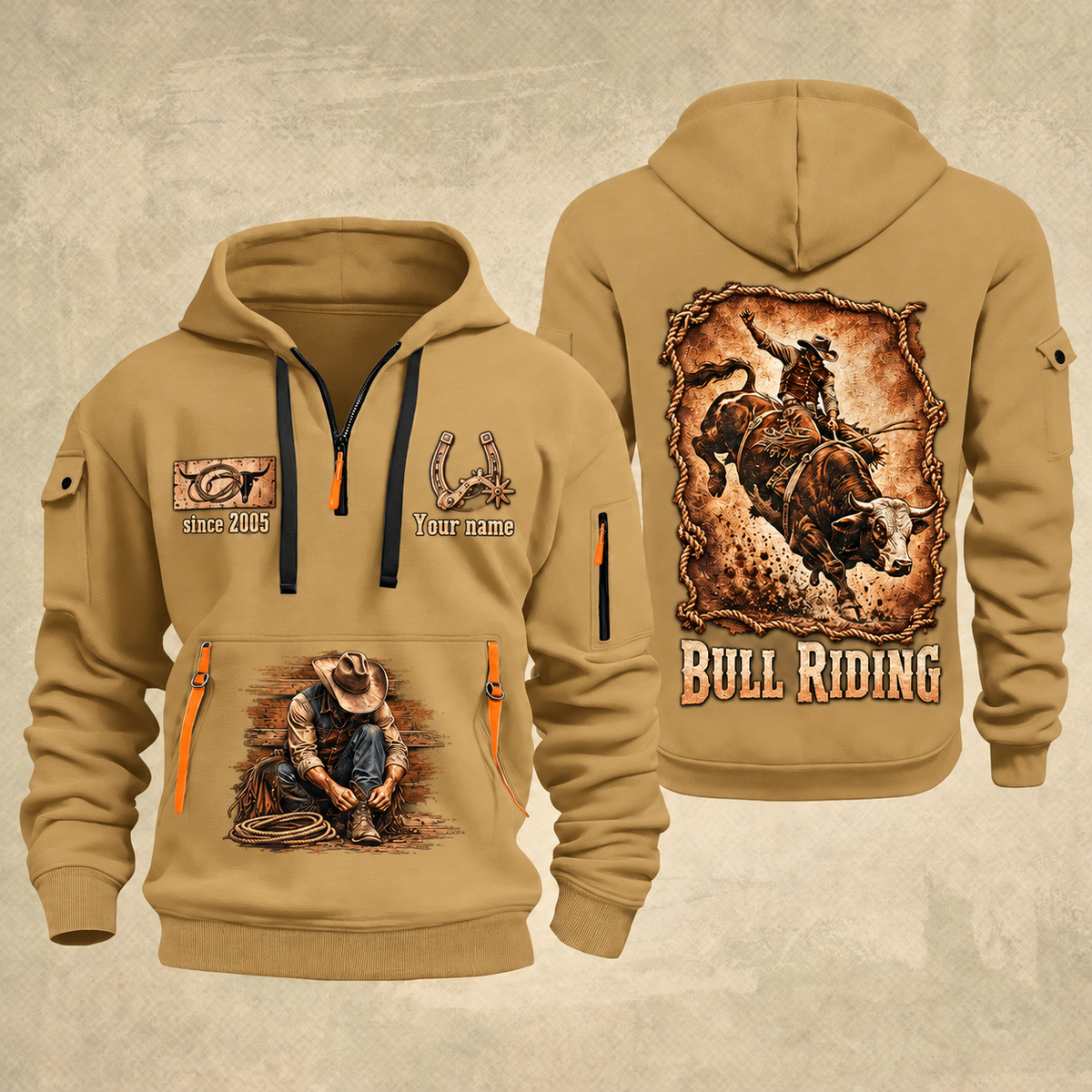 Bull Riding Bull Riding Rodeo Heritage Quarter-Zip Hoodie with Name and Year - BR17350848 quarter-zip hoodie in Khaki, front and back, Your name and since 2005 artwork