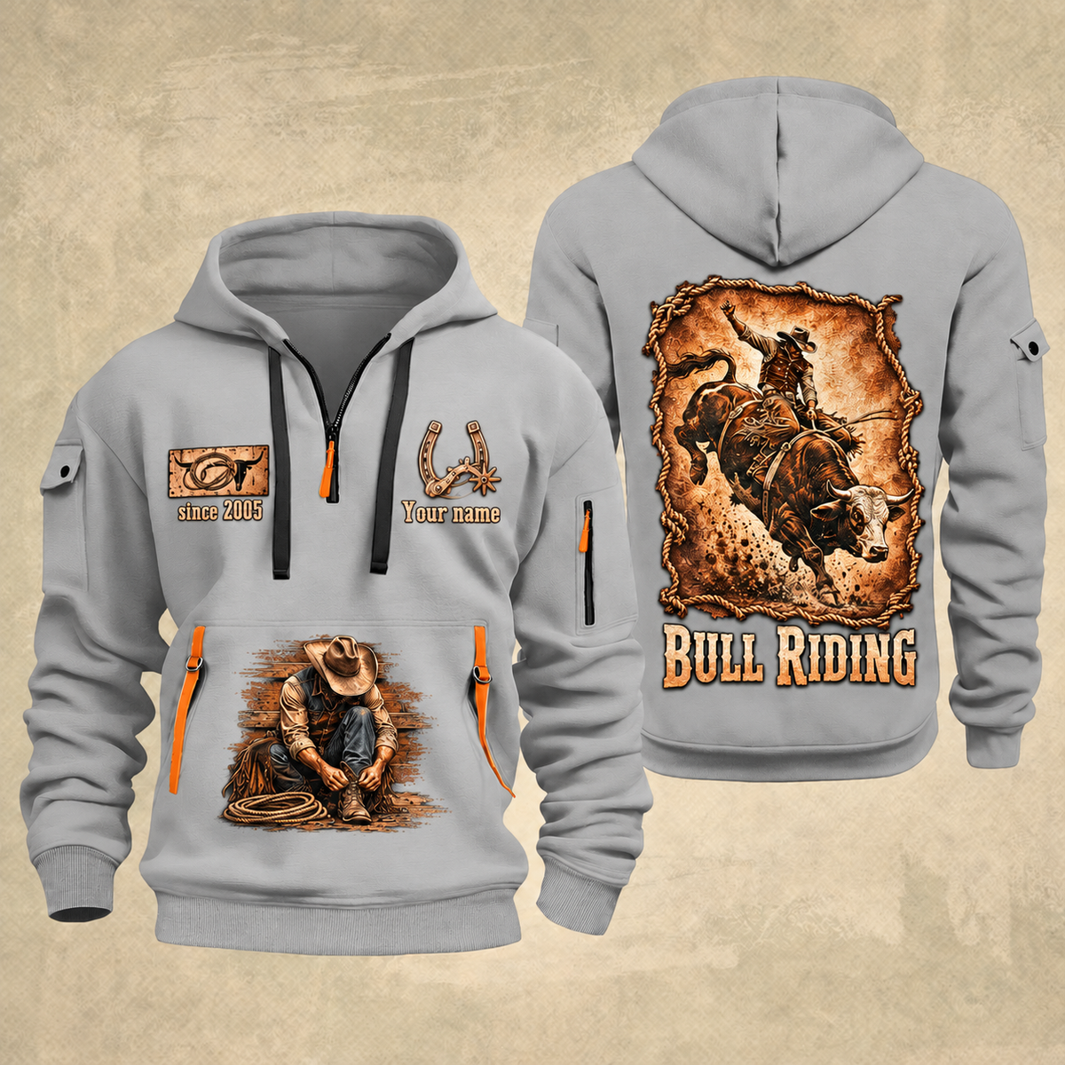 Bull Riding Bull Riding Rodeo Heritage Quarter-Zip Hoodie with Name and Year - BR17350848 quarter-zip hoodie in Light Grey, front and back, Your name and since 2005 artwork