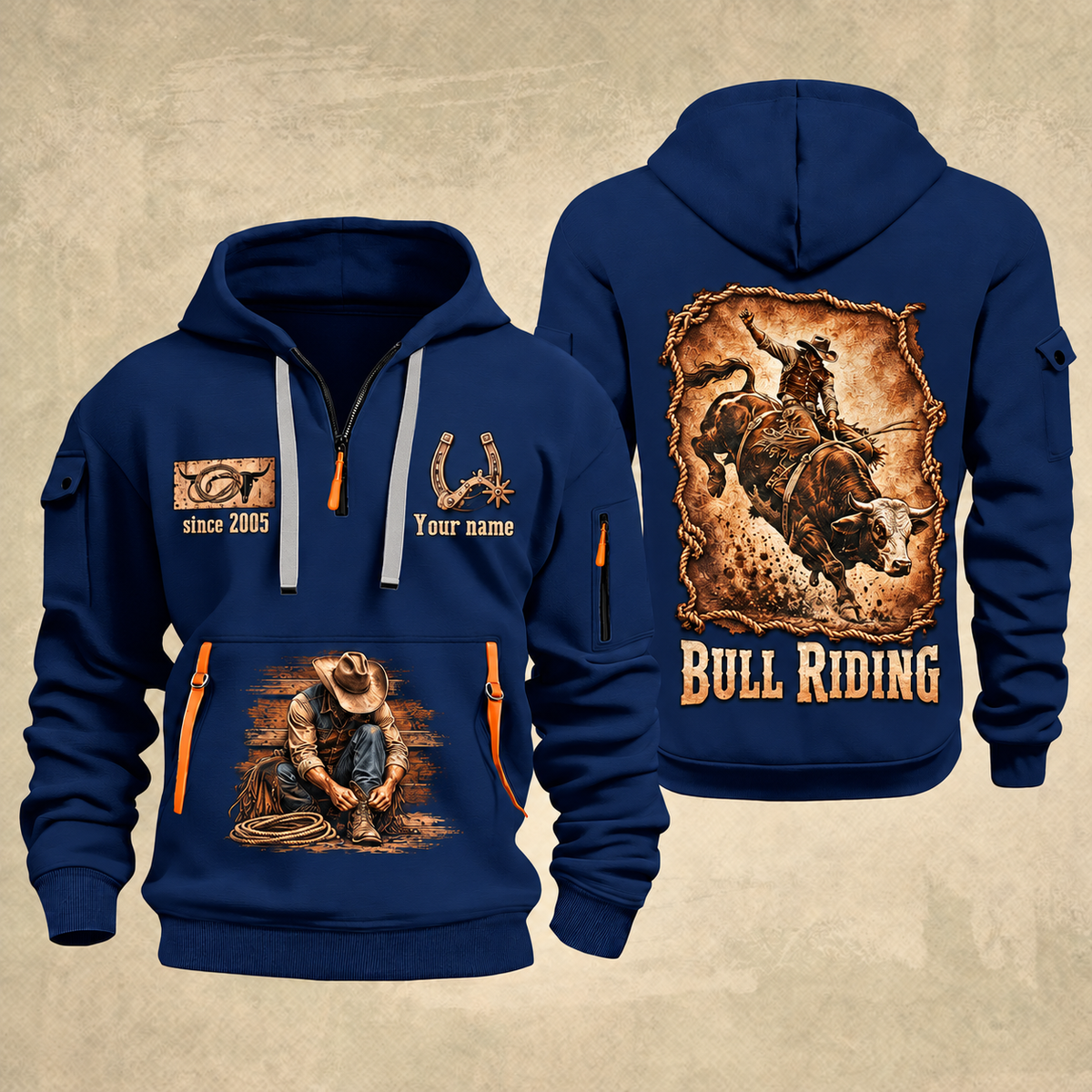 Bull Riding Bull Riding Rodeo Heritage Quarter-Zip Hoodie with Name and Year - BR17350848 quarter-zip hoodie in Navy, front and back, Your name and since 2005 artwork