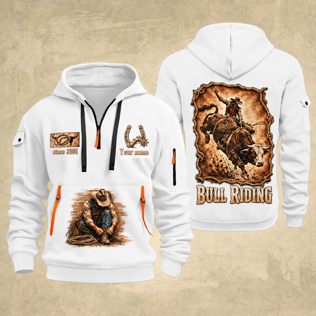 Bull Riding Bull Riding Rodeo Heritage Quarter-Zip Hoodie with Name and Year - BR17350848 quarter-zip hoodie in White, front and back, Your name and since 2005 artwork