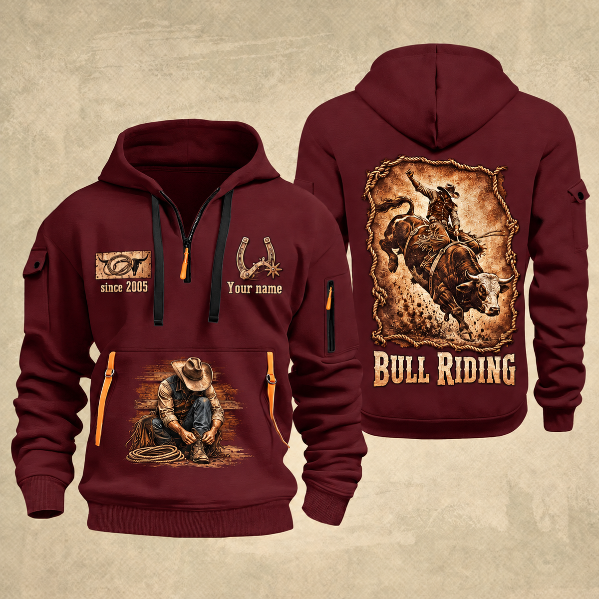 Bull Riding Bull Riding Rodeo Heritage Quarter-Zip Hoodie with Name and Year - BR17350848 quarter-zip hoodie in Wine Red, front and back, Your name and since 2005 artwork