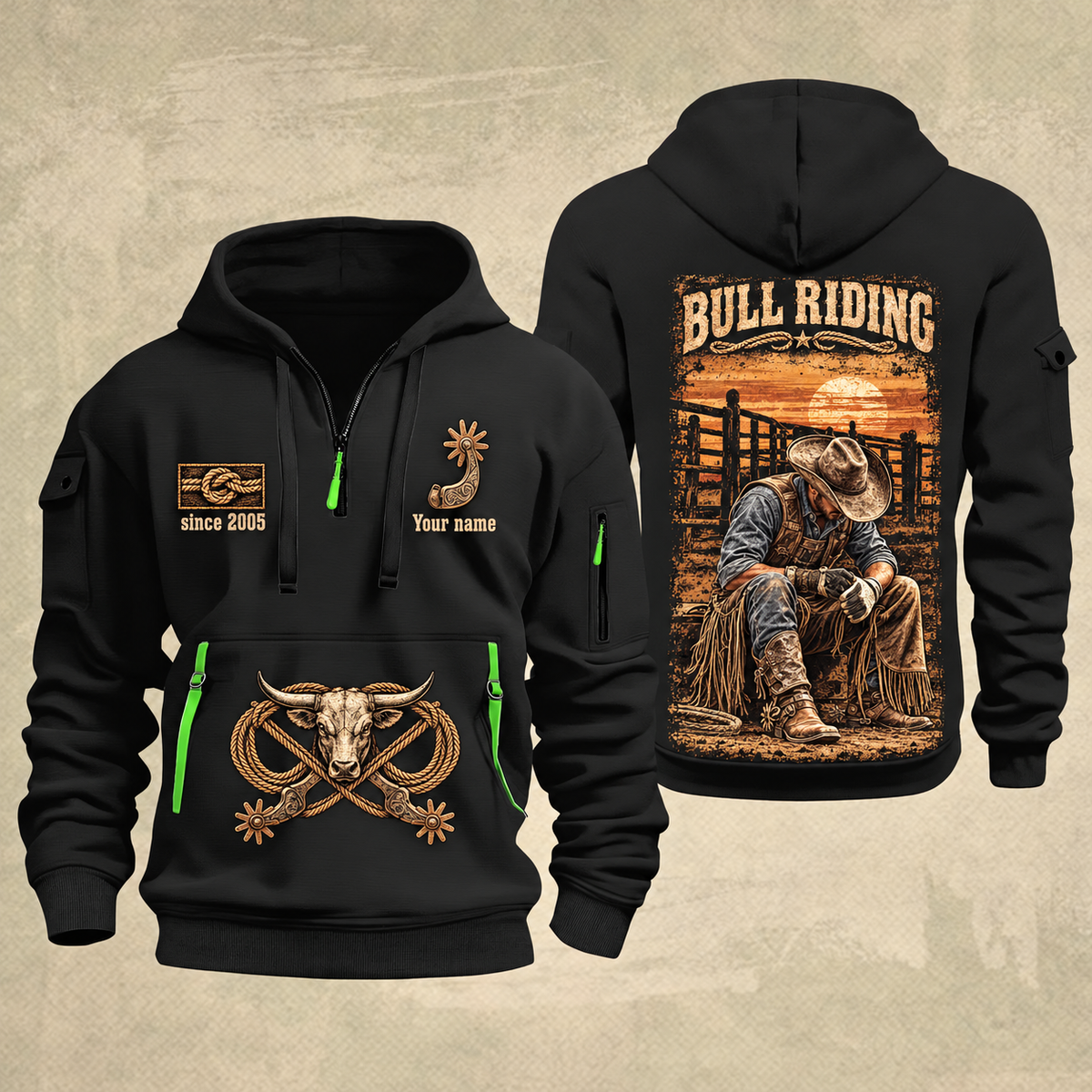 Bull Riding Bull Riding Chute Ready Quarter-Zip Hoodie with Name and Year - BR17351712 quarter-zip hoodie in Black, front and back, Your name and since 2005 artwork