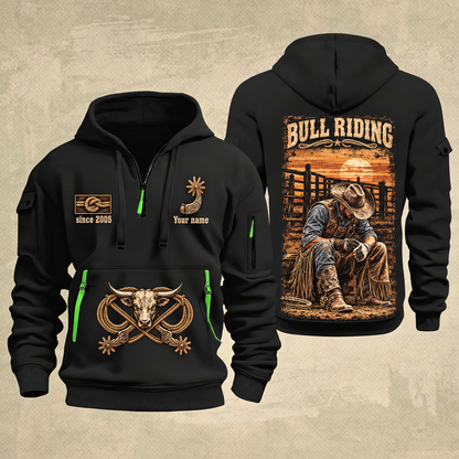 Bull Riding Bull Riding Chute Ready Quarter-Zip Hoodie with Name and Year - BR17351712 quarter-zip hoodie in Black, front and back, Your name and since 2005 artwork