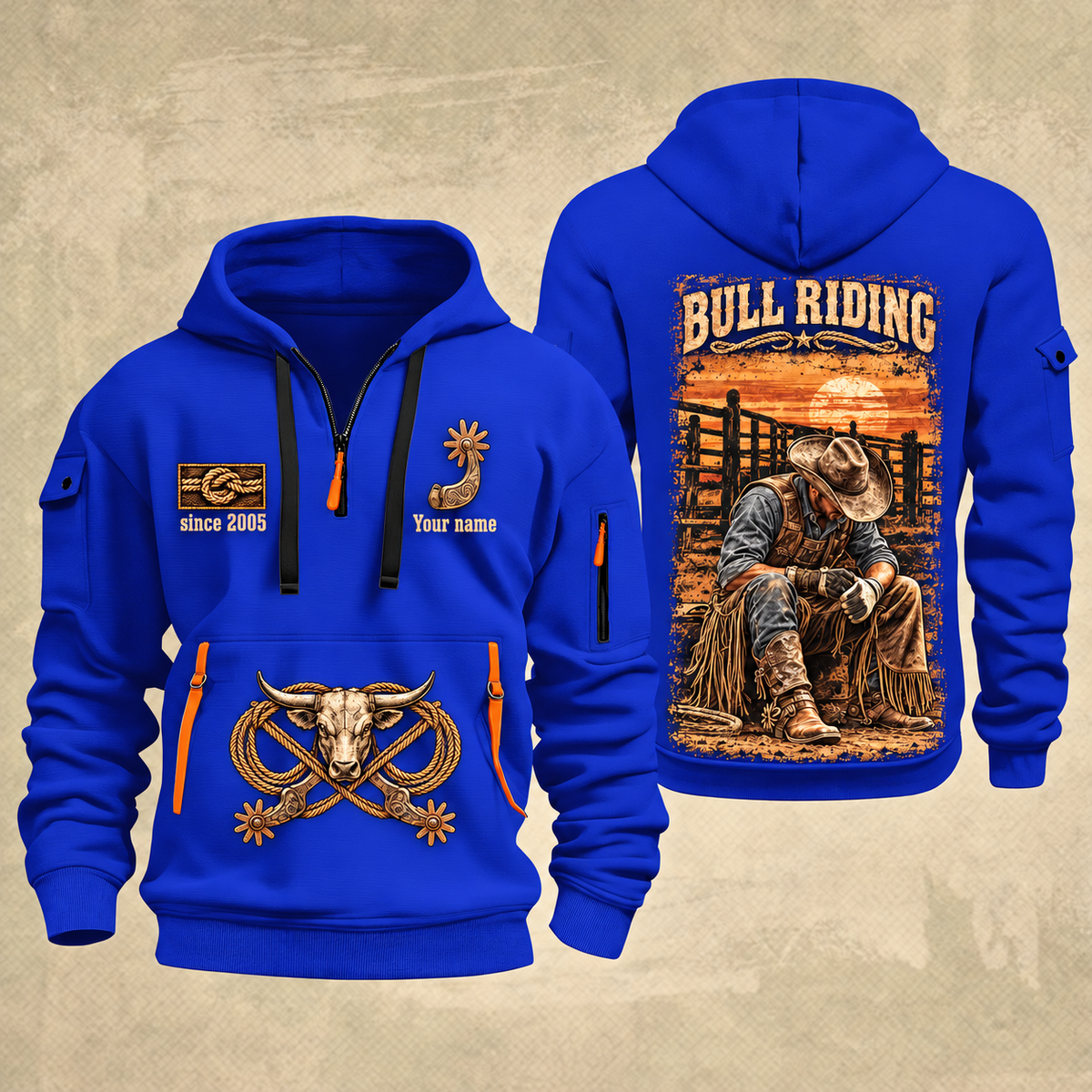 Bull Riding Bull Riding Chute Ready Quarter-Zip Hoodie with Name and Year - BR17351712 quarter-zip hoodie in Blue, front and back, Your name and since 2005 artwork