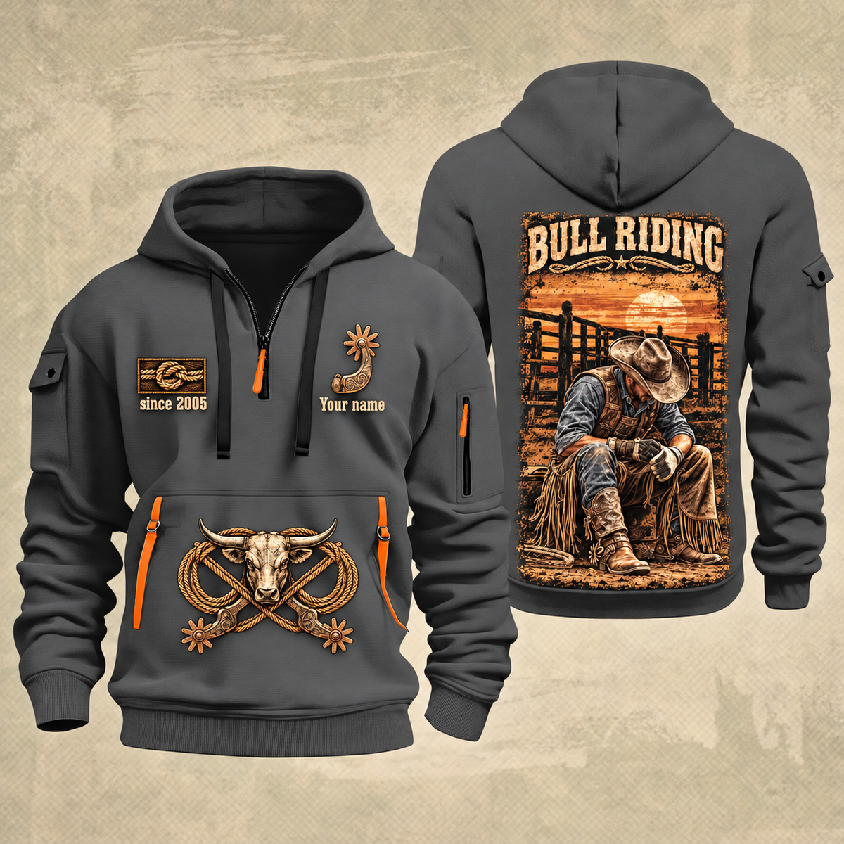 Bull Riding Bull Riding Chute Ready Quarter-Zip Hoodie with Name and Year - BR17351712 quarter-zip hoodie in Gray, front and back, Your name and since 2005 artwork