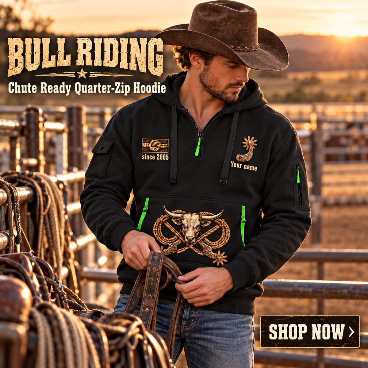 Bull Riding wearing Bull Riding Chute Ready Quarter-Zip Hoodie with Name and Year - BR17351712 quarter-zip hoodie in their workplace; product introduction and shopping call to action
