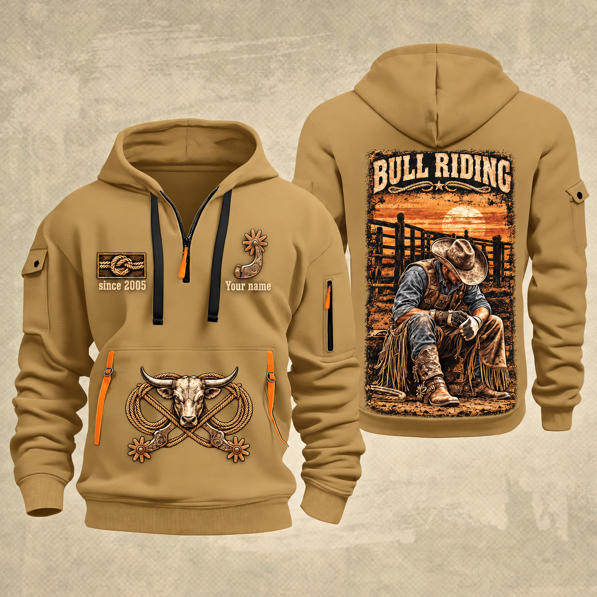Bull Riding Bull Riding Chute Ready Quarter-Zip Hoodie with Name and Year - BR17351712 quarter-zip hoodie in Khaki, front and back, Your name and since 2005 artwork
