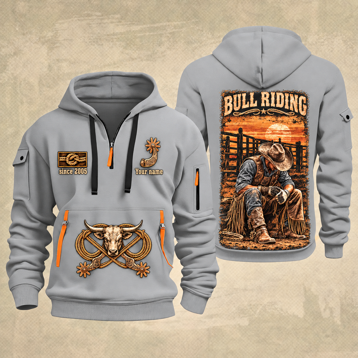 Bull Riding Bull Riding Chute Ready Quarter-Zip Hoodie with Name and Year - BR17351712 quarter-zip hoodie in Light Grey, front and back, Your name and since 2005 artwork