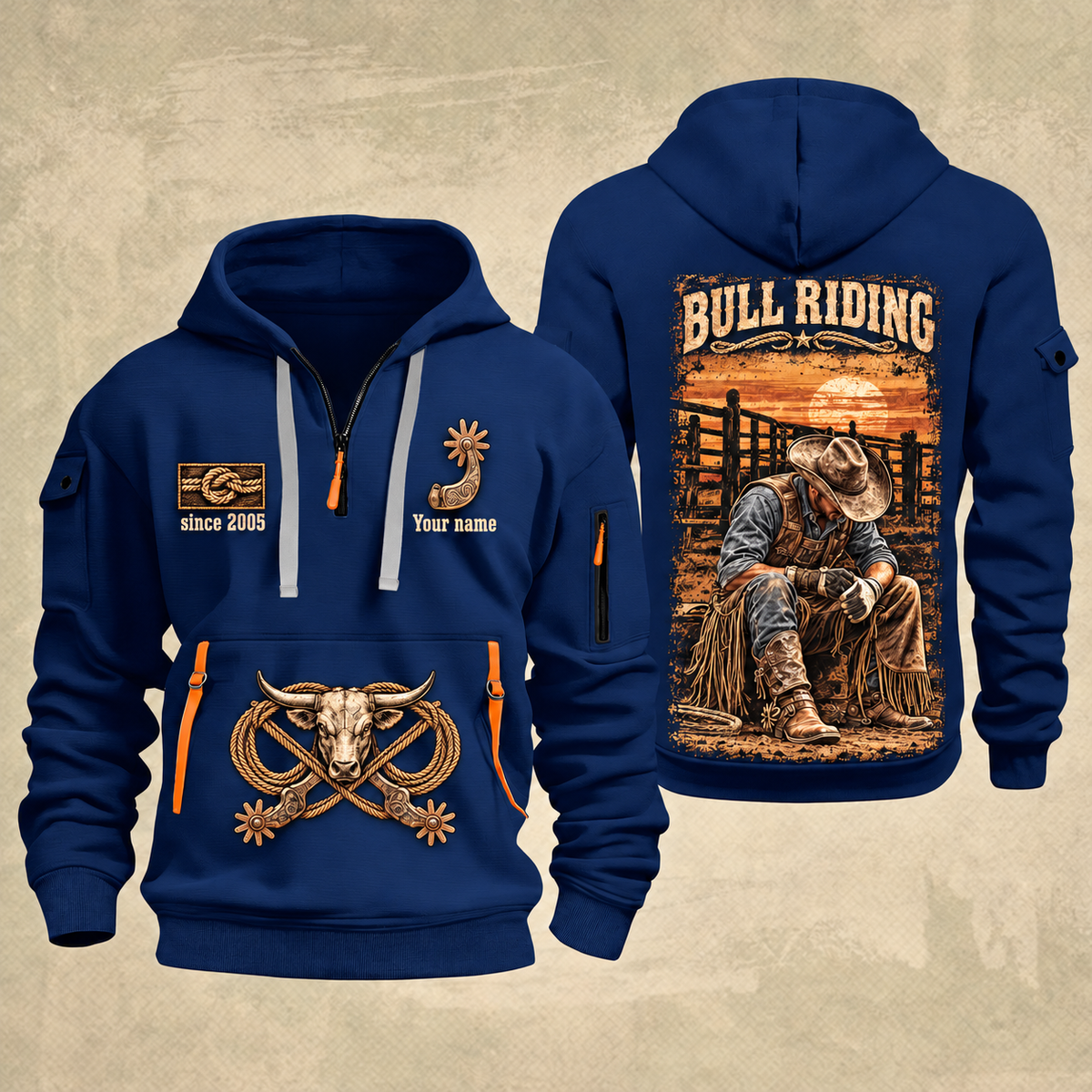 Bull Riding Bull Riding Chute Ready Quarter-Zip Hoodie with Name and Year - BR17351712 quarter-zip hoodie in Navy, front and back, Your name and since 2005 artwork