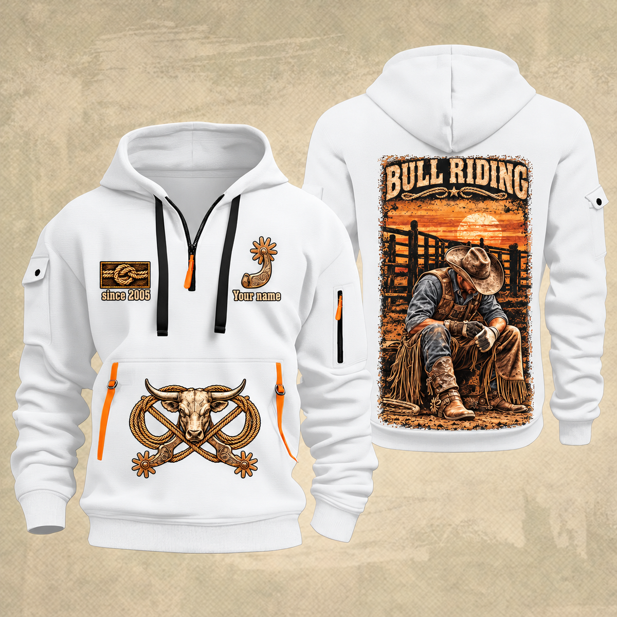 Bull Riding Bull Riding Chute Ready Quarter-Zip Hoodie with Name and Year - BR17351712 quarter-zip hoodie in White, front and back, Your name and since 2005 artwork