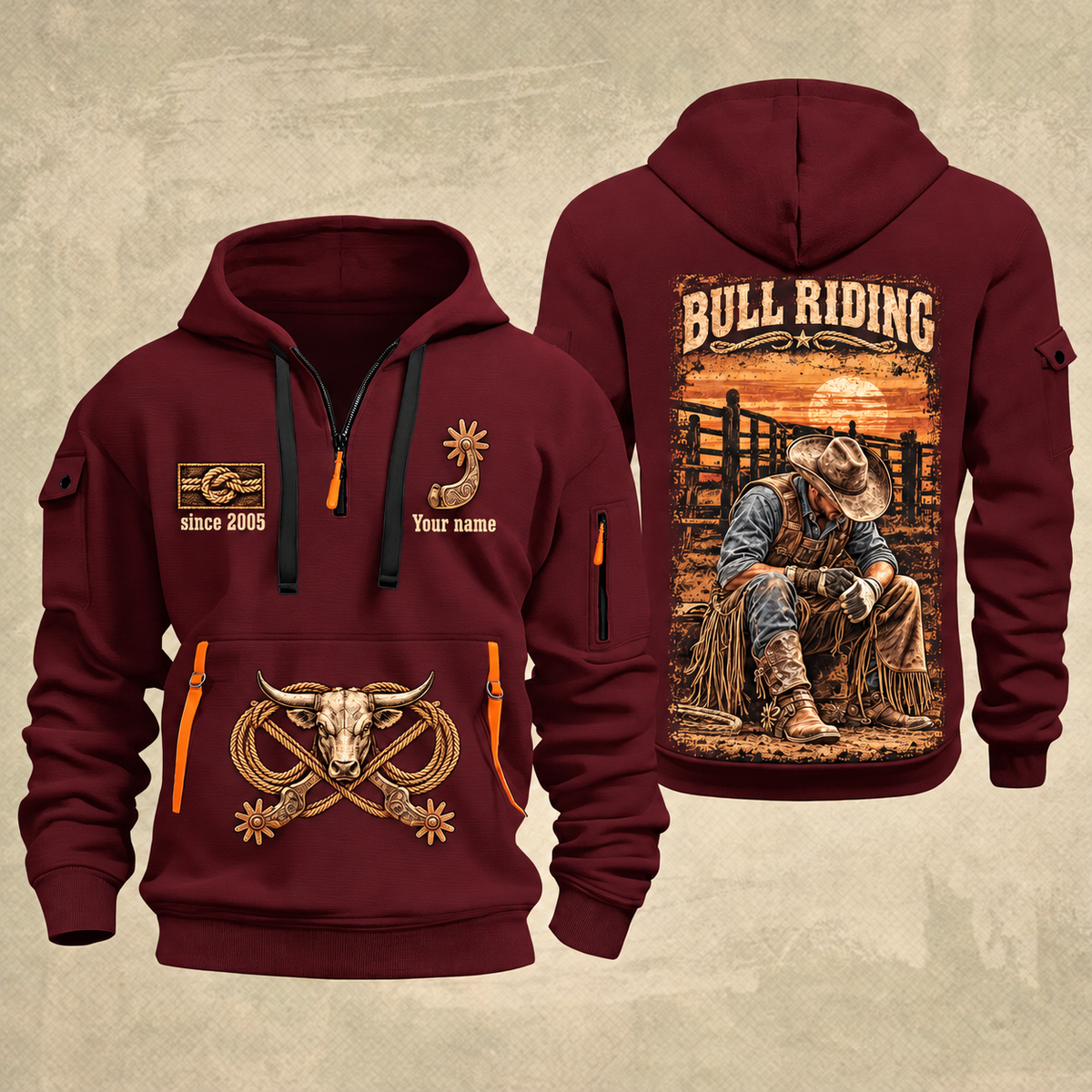 Bull Riding Bull Riding Chute Ready Quarter-Zip Hoodie with Name and Year - BR17351712 quarter-zip hoodie in Wine Red, front and back, Your name and since 2005 artwork