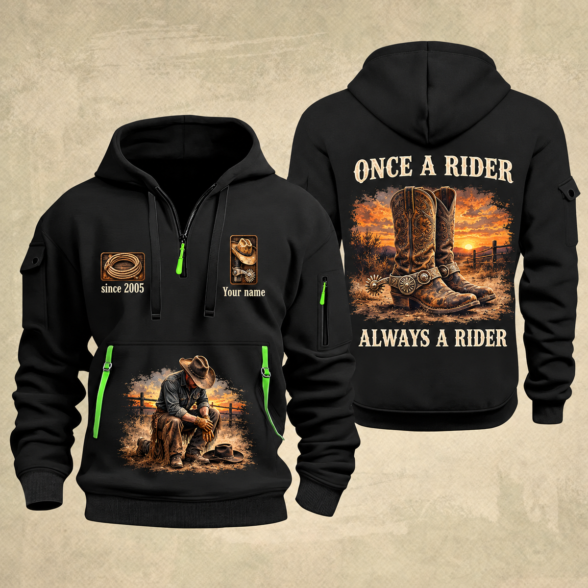 Bull Riding Bull Riding Once A Rider Quarter-Zip Hoodie with Name and Year - BR17353440 quarter-zip hoodie in Black, front and back, Your name and since 2005 artwork