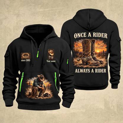 Bull Riding Bull Riding Once A Rider Quarter-Zip Hoodie with Name and Year - BR17353440 quarter-zip hoodie in Black, front and back, Your name and since 2005 artwork