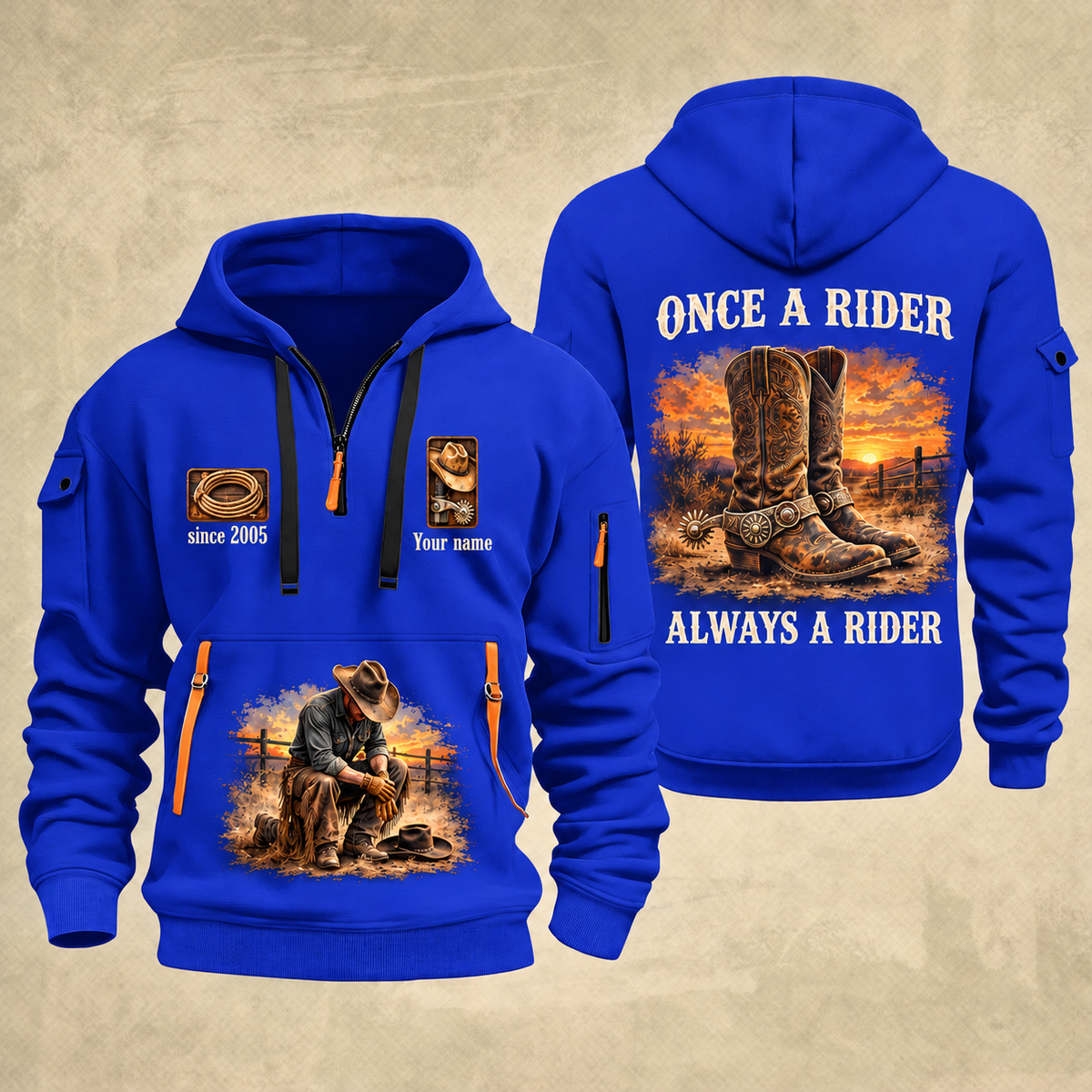 Bull Riding Bull Riding Once A Rider Quarter-Zip Hoodie with Name and Year - BR17353440 quarter-zip hoodie in Blue, front and back, Your name and since 2005 artwork
