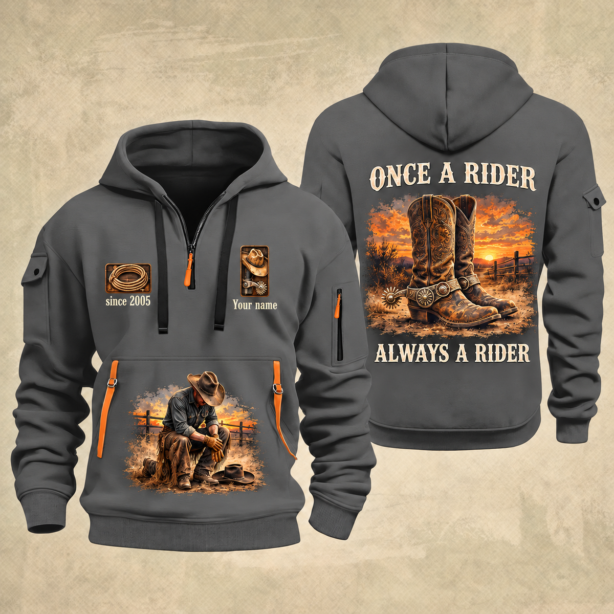 Bull Riding Bull Riding Once A Rider Quarter-Zip Hoodie with Name and Year - BR17353440 quarter-zip hoodie in Gray, front and back, Your name and since 2005 artwork