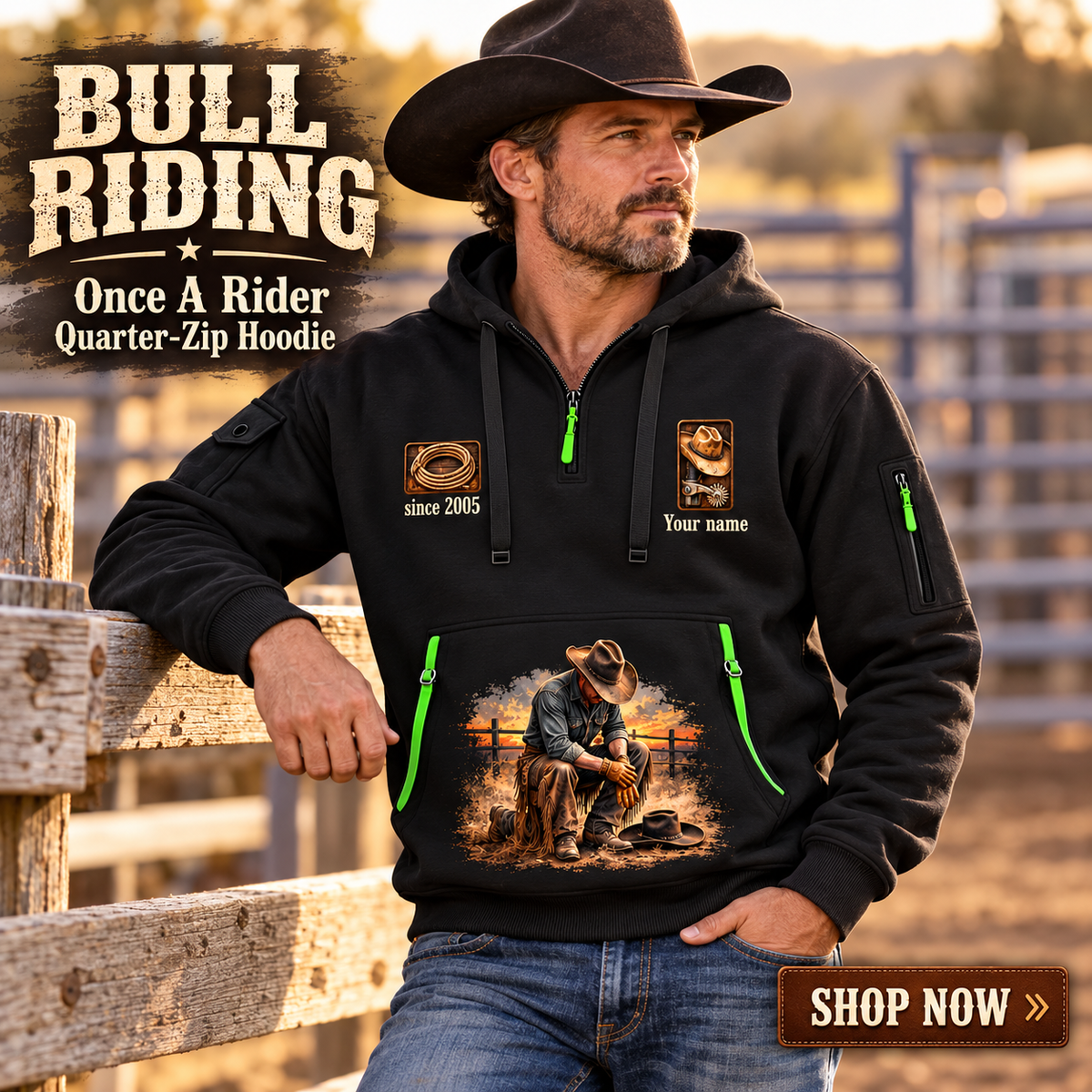 Bull Riding wearing Bull Riding Once A Rider Quarter-Zip Hoodie with Name and Year - BR17353440 quarter-zip hoodie in their workplace; product introduction and shopping call to action