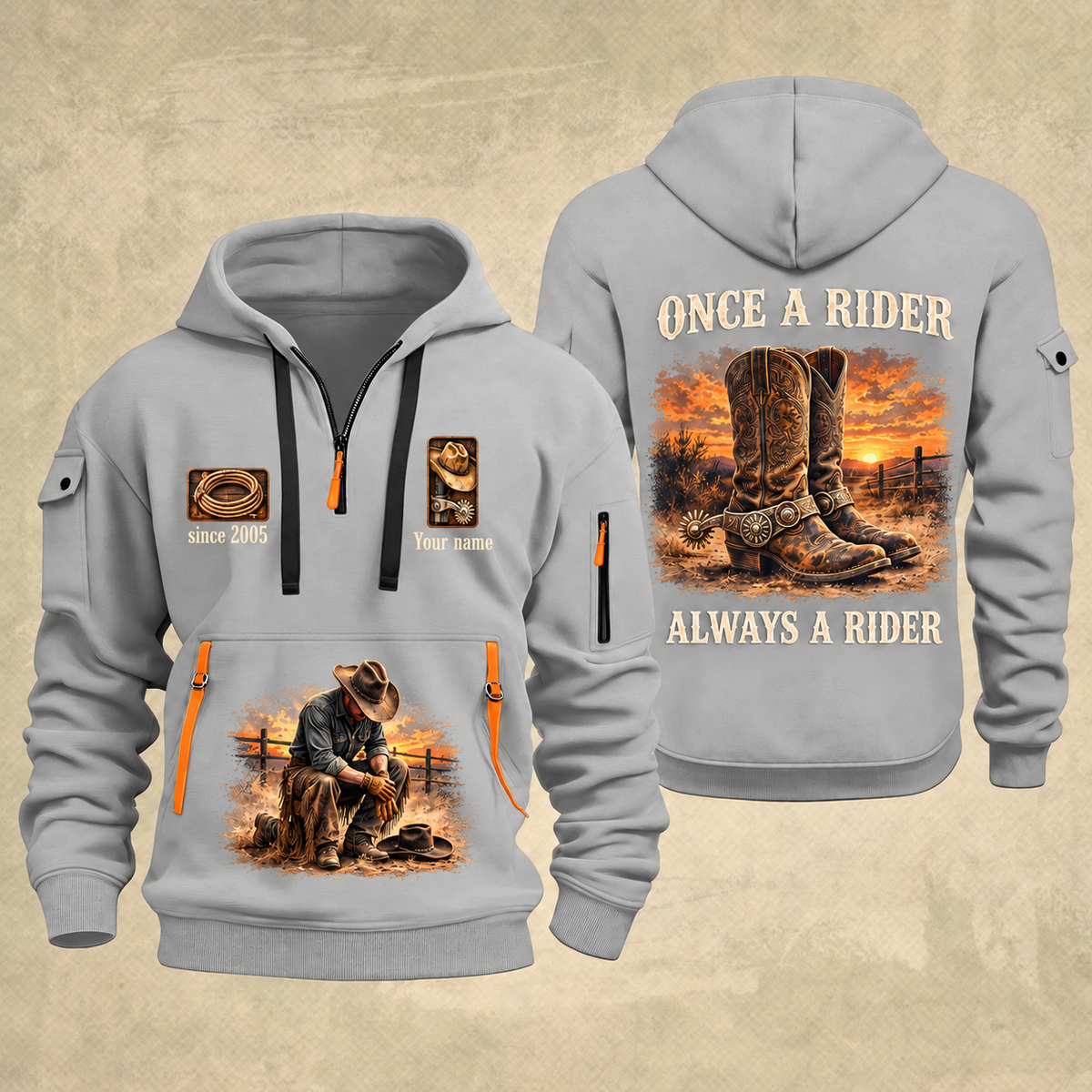 Bull Riding Bull Riding Once A Rider Quarter-Zip Hoodie with Name and Year - BR17353440 quarter-zip hoodie in Light Grey, front and back, Your name and since 2005 artwork