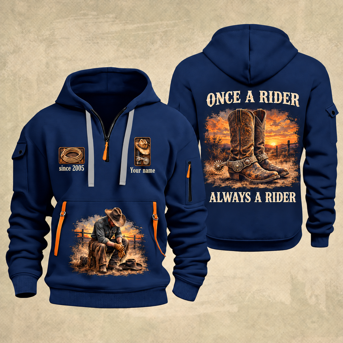 Bull Riding Bull Riding Once A Rider Quarter-Zip Hoodie with Name and Year - BR17353440 quarter-zip hoodie in Navy, front and back, Your name and since 2005 artwork